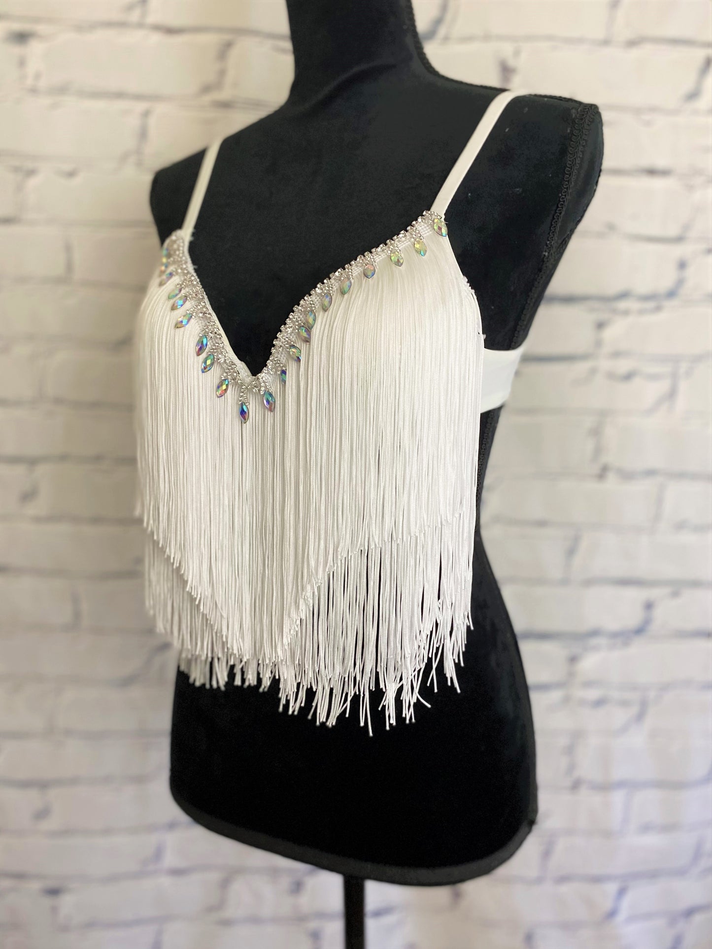 Boho Rhinestone and White Fringe Bra Top