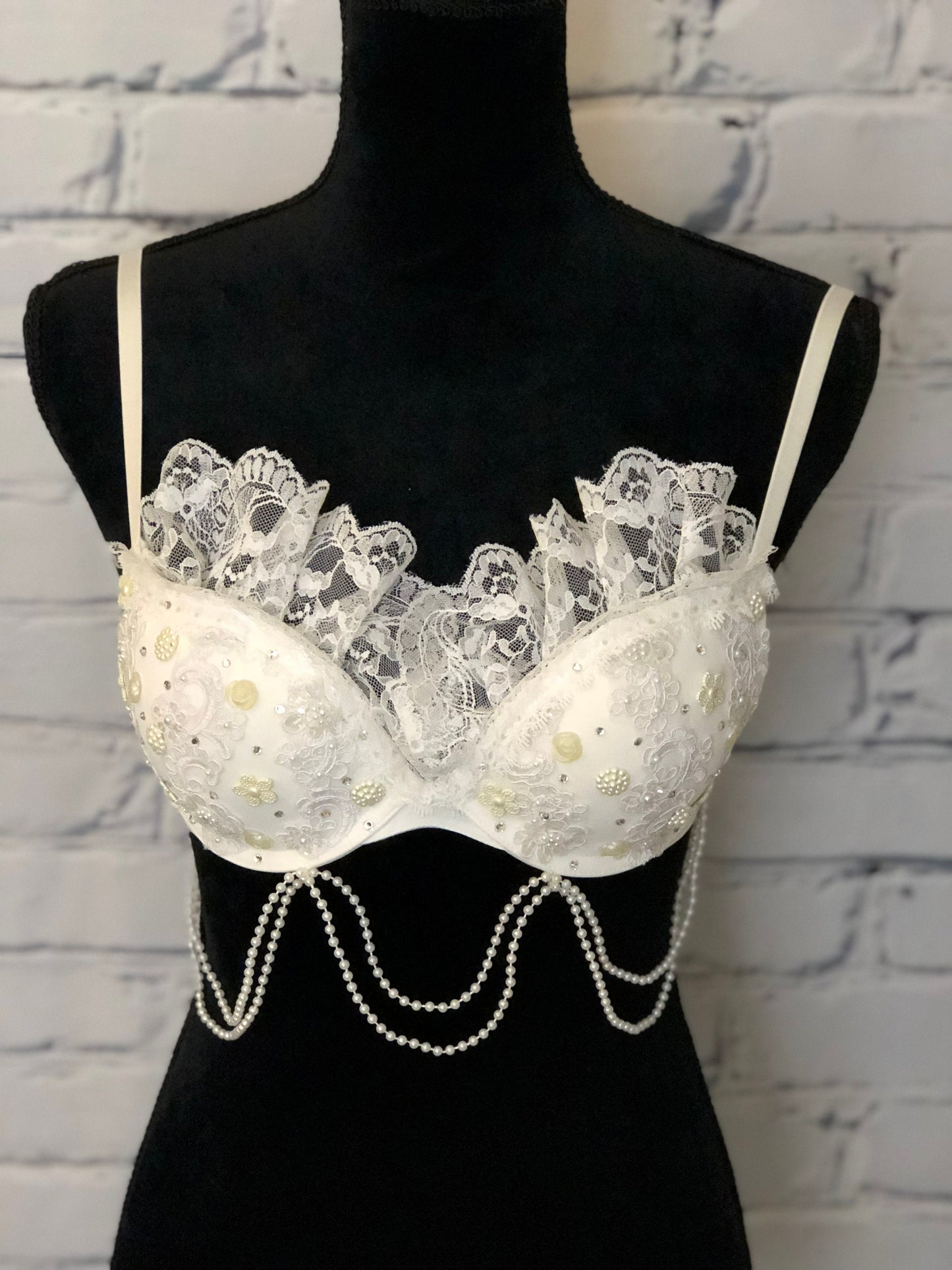 Lace & Pearl Bridal Rave Bra - For any Rave Outfit, edm Bra, Exotic Dance Bra, edm Outfit, Rave Wear, EDC Bra, EDC Outfit, or EDC Costume