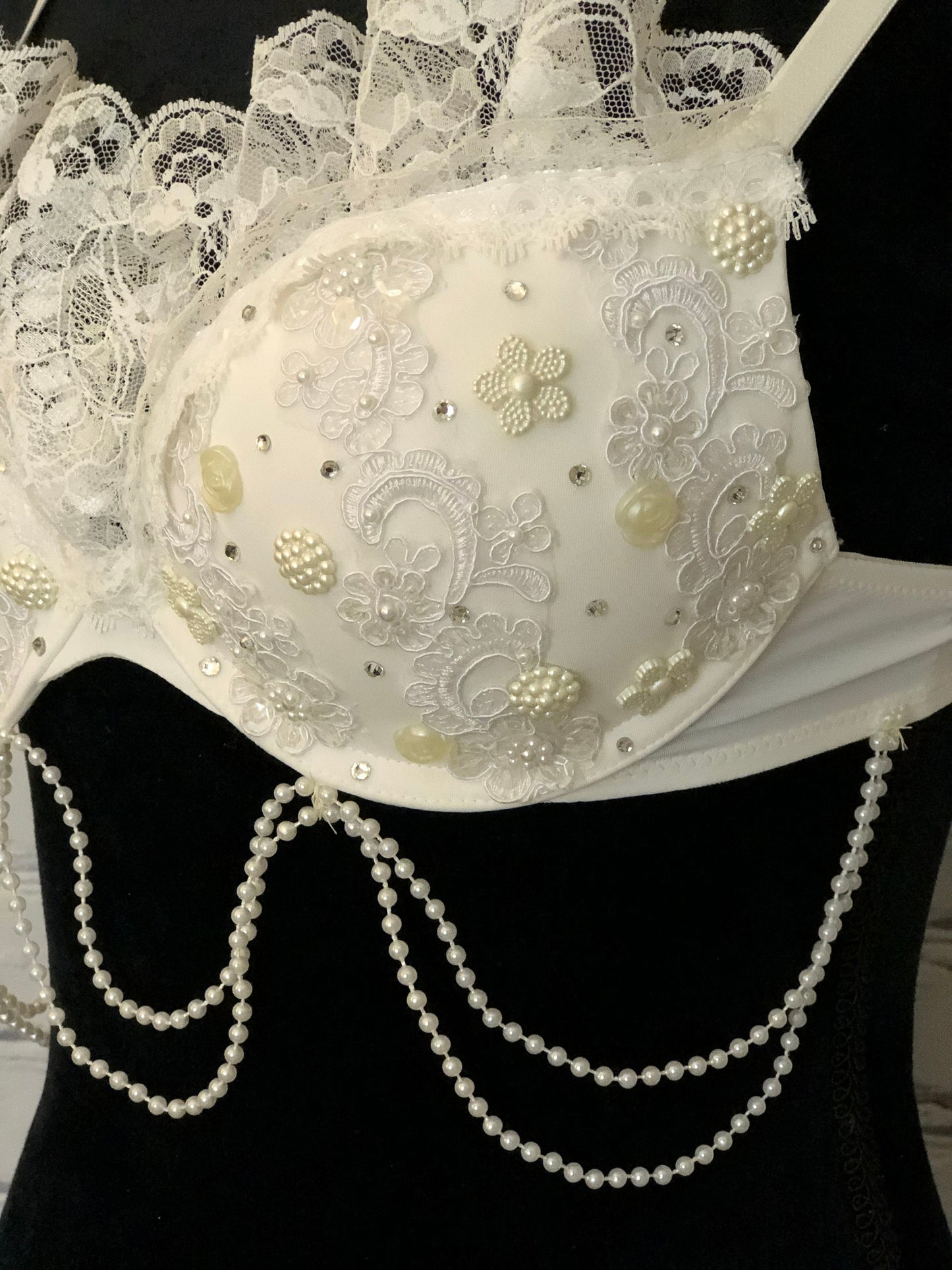 Lace & Pearl Bridal Rave Bra - For any Rave Outfit, edm Bra, Exotic Dance Bra, edm Outfit, Rave Wear, EDC Bra, EDC Outfit, or EDC Costume