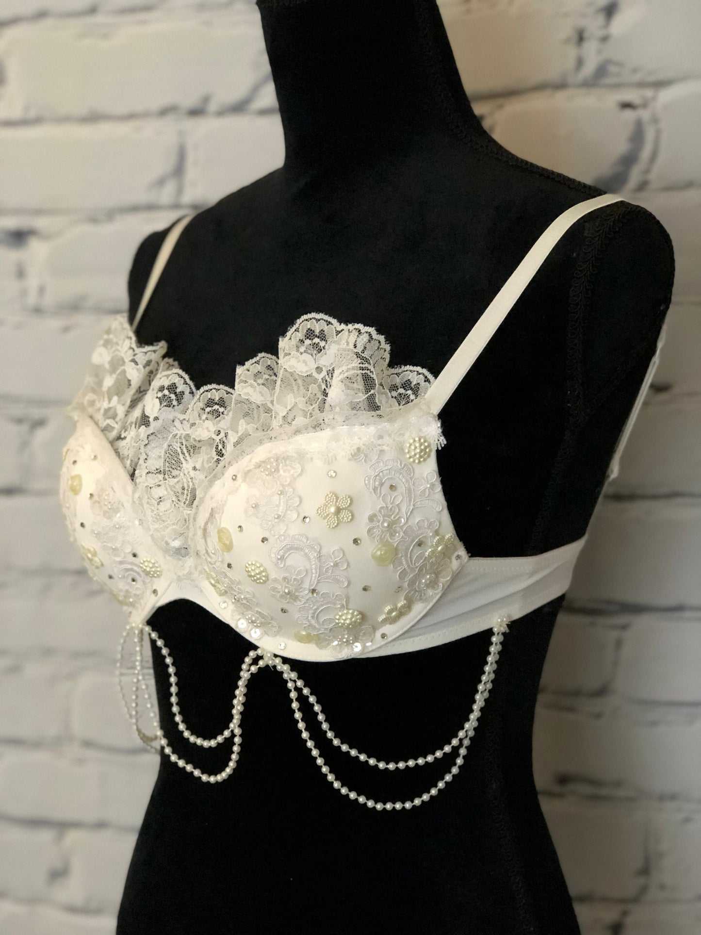 Lace & Pearl Bridal Rave Bra - For any Rave Outfit, edm Bra, Exotic Dance Bra, edm Outfit, Rave Wear, EDC Bra, EDC Outfit, or EDC Costume