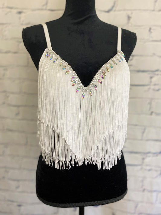 Boho Rhinestone and White Fringe Bra Top