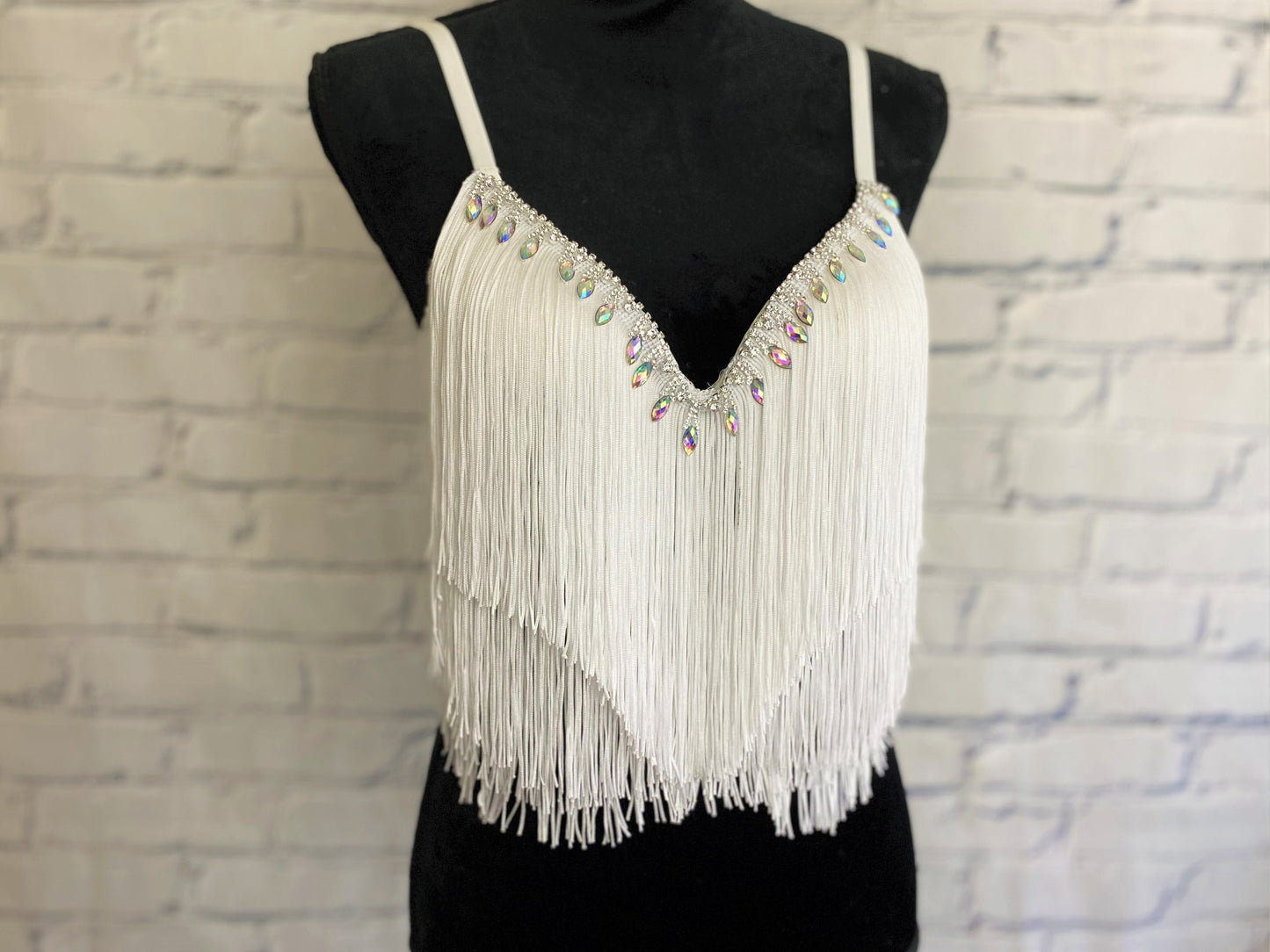 Boho Rhinestone and White Fringe Bra Top