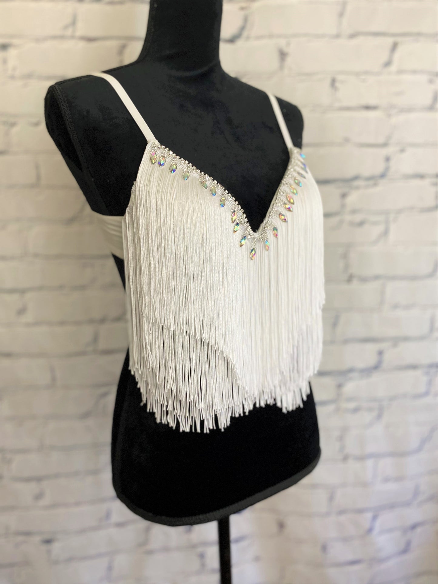 Boho Rhinestone and White Fringe Bra Top