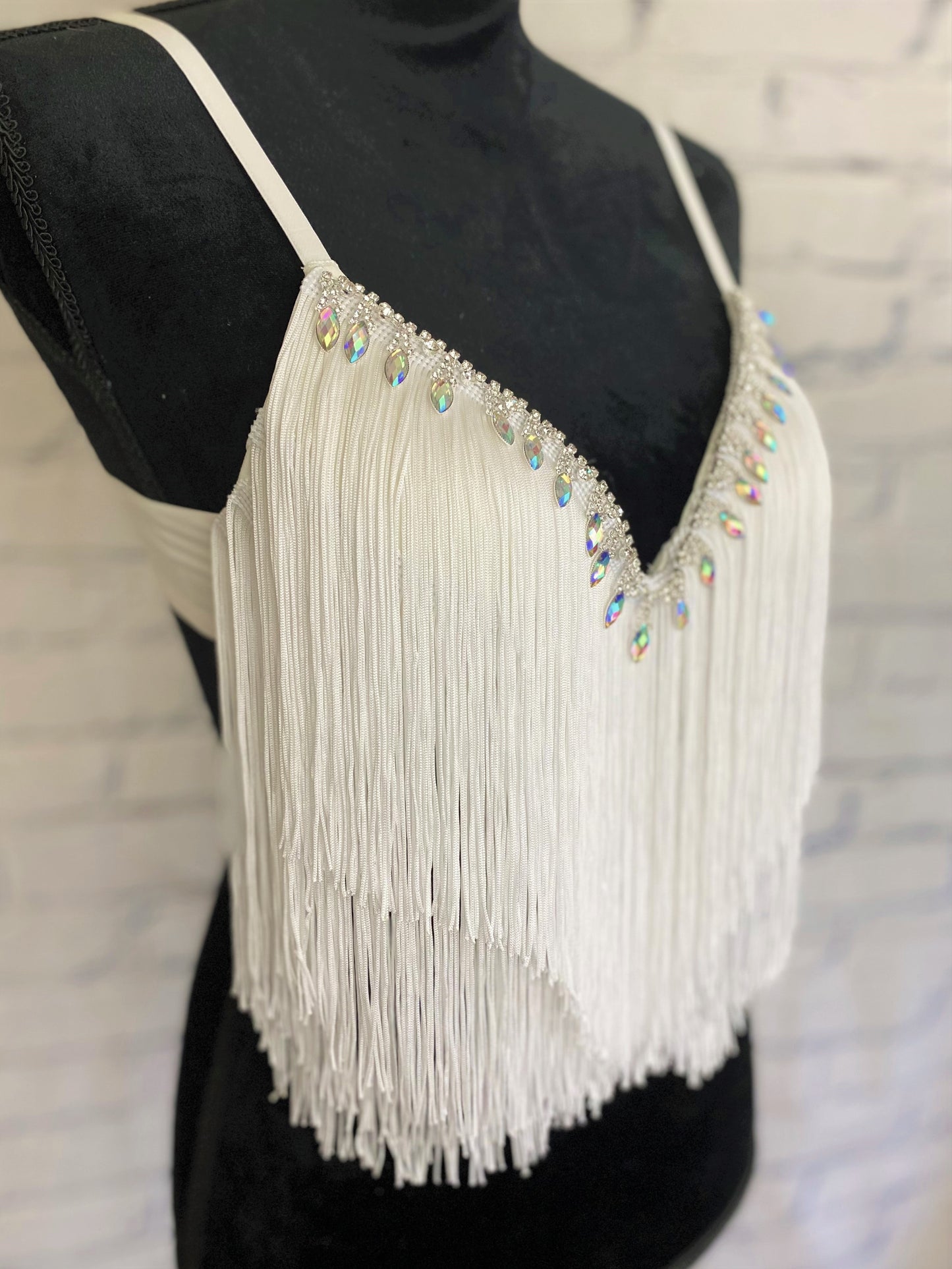 Boho Rhinestone and White Fringe Bra Top