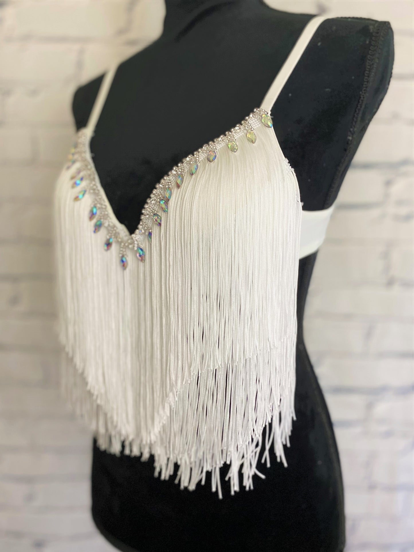 Boho Rhinestone and White Fringe Bra Top