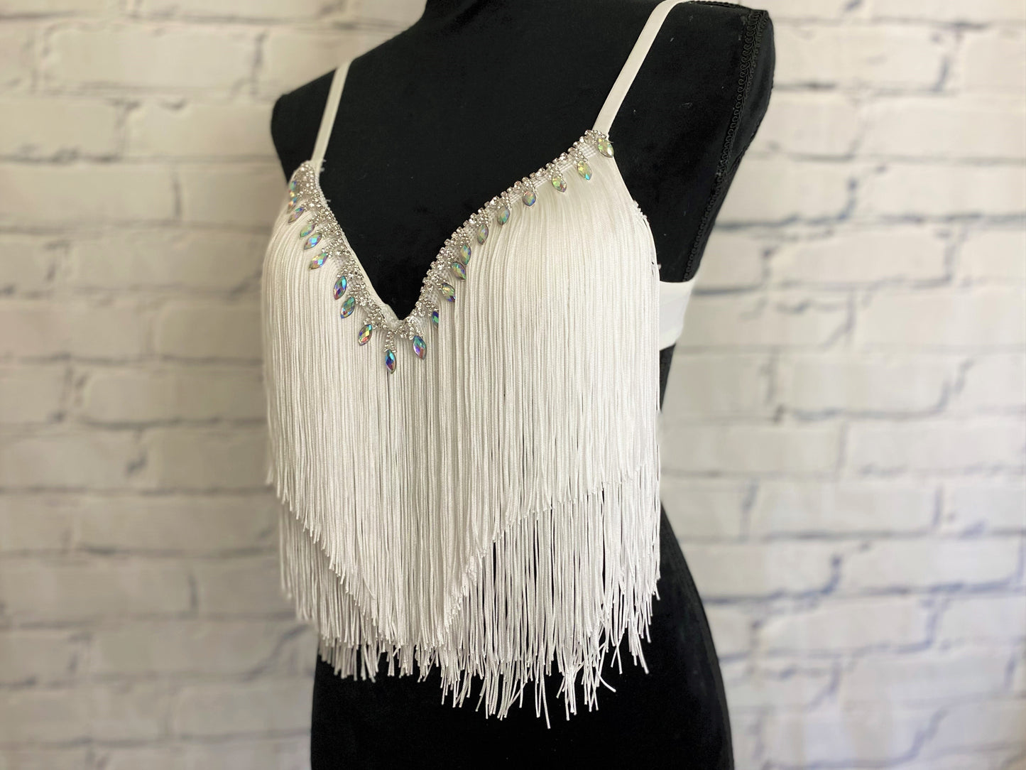 Boho Rhinestone and White Fringe Bra Top