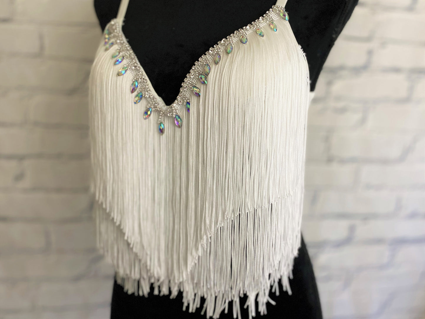 Boho Rhinestone and White Fringe Bra Top