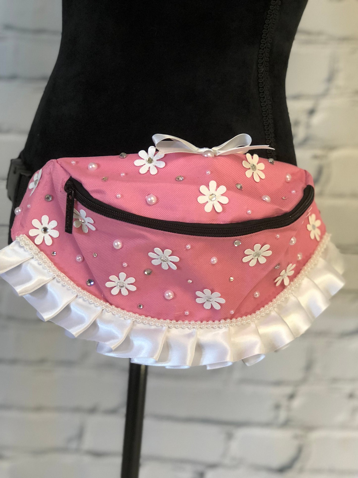 Barbie Inspired Pink Fanny Pack with Flowers - Rave Fanny Pack, Festival Fanny Pack, Rave Bag, EDC Bag, EDC Accessory, Day Fanny Pack