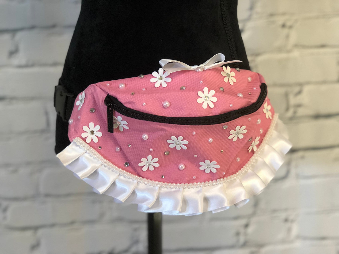 Barbie Inspired Pink Fanny Pack with Flowers - Rave Fanny Pack, Festival Fanny Pack, Rave Bag, EDC Bag, EDC Accessory, Day Fanny Pack