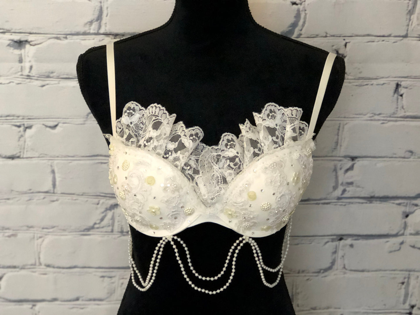 Lace & Pearl Bridal Rave Bra - For any Rave Outfit, edm Bra, Exotic Dance Bra, edm Outfit, Rave Wear, EDC Bra, EDC Outfit, or EDC Costume