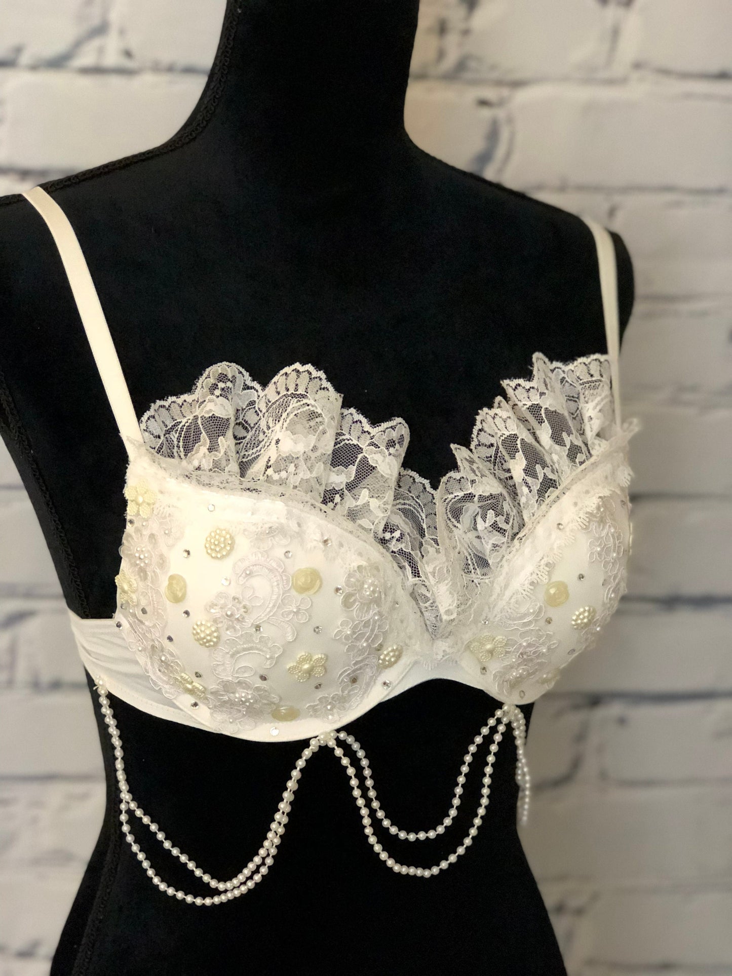 Lace & Pearl Bridal Rave Bra - For any Rave Outfit, edm Bra, Exotic Dance Bra, edm Outfit, Rave Wear, EDC Bra, EDC Outfit, or EDC Costume