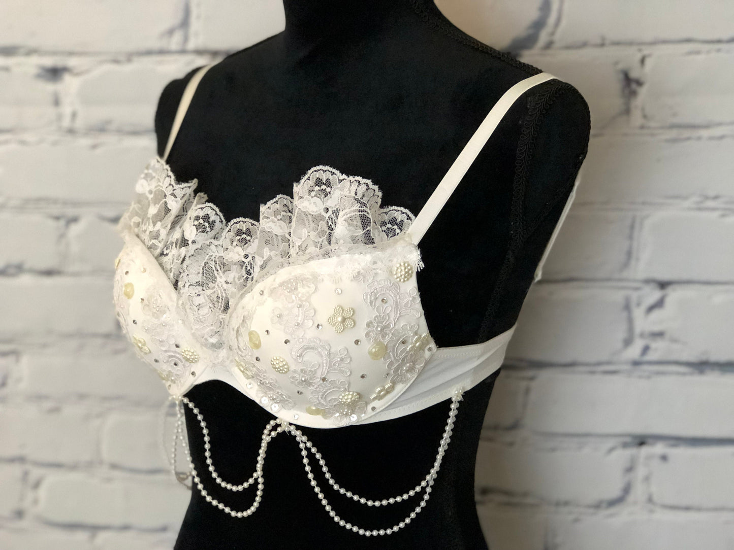 Lace & Pearl Bridal Rave Bra - For any Rave Outfit, edm Bra, Exotic Dance Bra, edm Outfit, Rave Wear, EDC Bra, EDC Outfit, or EDC Costume