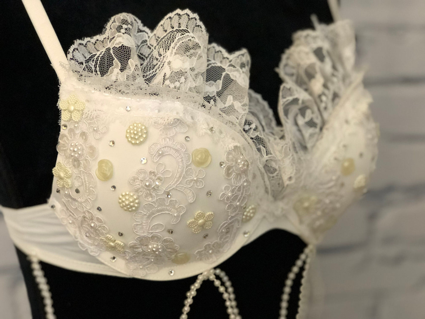 Lace & Pearl Bridal Rave Bra - For any Rave Outfit, edm Bra, Exotic Dance Bra, edm Outfit, Rave Wear, EDC Bra, EDC Outfit, or EDC Costume