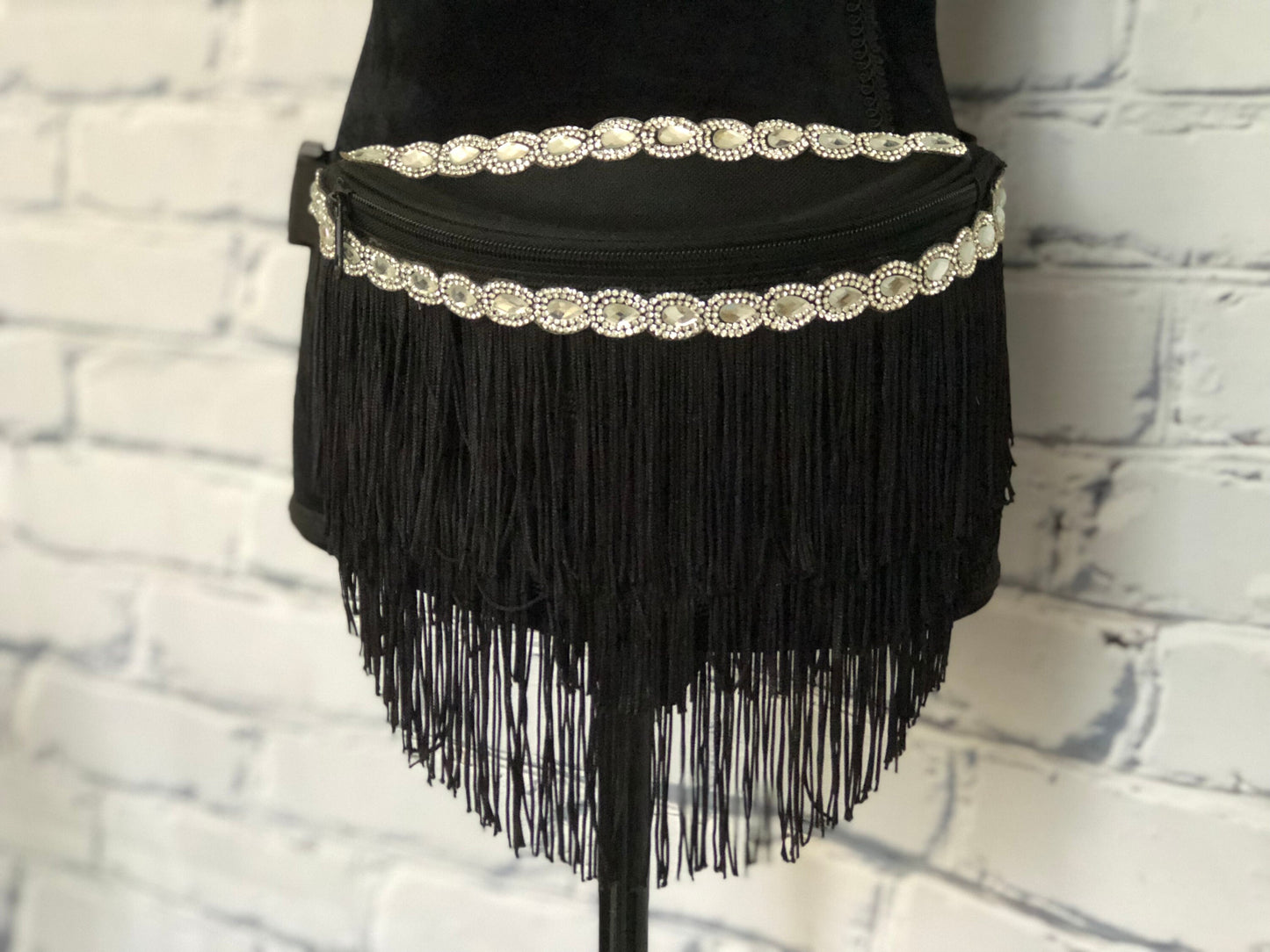 Black Rhinestone and Fringe Fanny Pack - Rave Fanny Pack, Festival Fanny Pack, Rave Bag, EDC Bag, EDC Accessory, Day Fanny Pack,