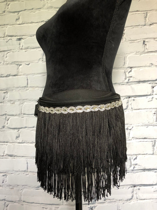 Black Rhinestone and Fringe Fanny Pack - Rave Fanny Pack, Festival Fanny Pack, Rave Bag, EDC Bag, EDC Accessory, Day Fanny Pack,