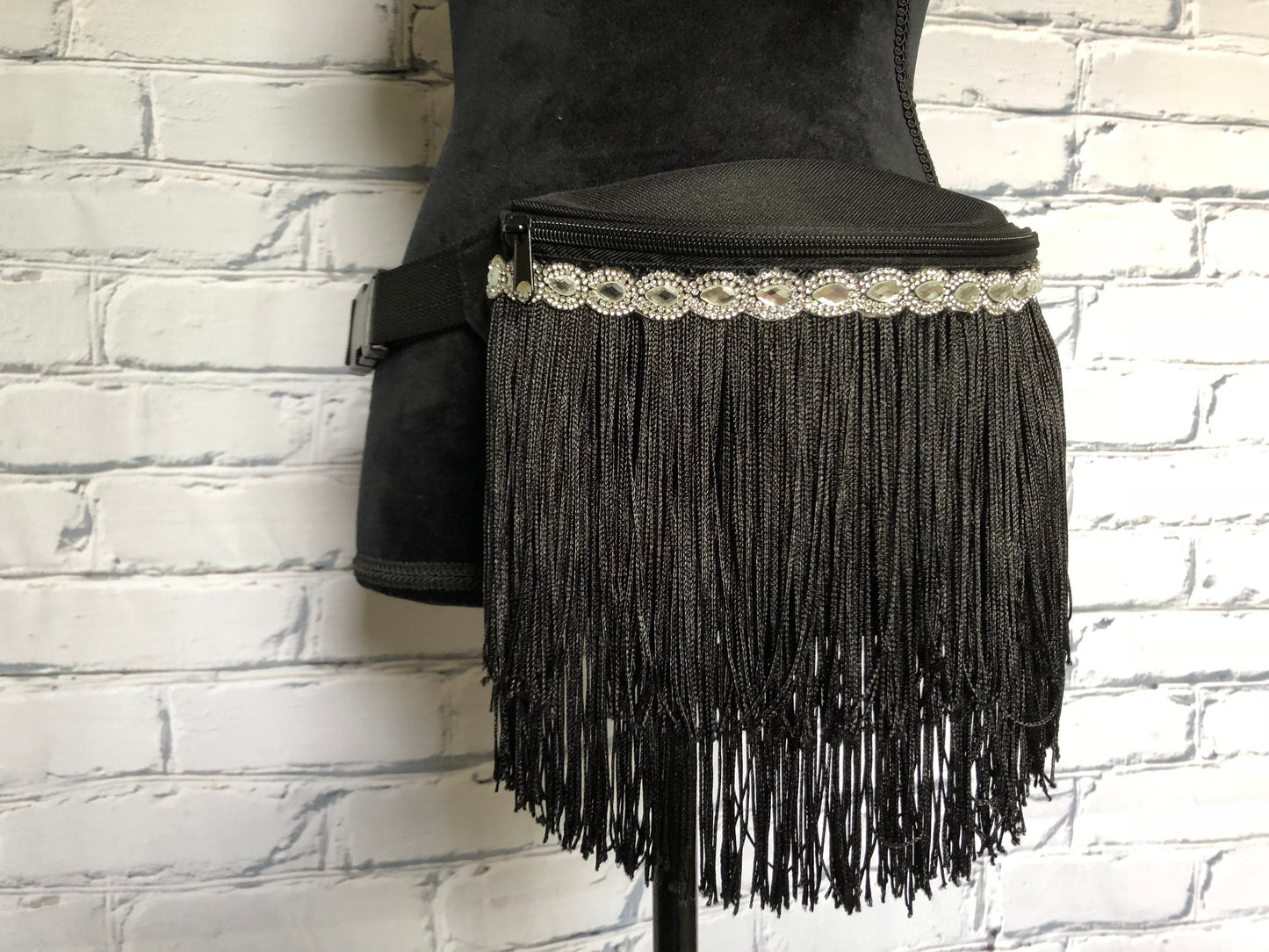 Black Rhinestone and Fringe Fanny Pack - Rave Fanny Pack, Festival Fanny Pack, Rave Bag, EDC Bag, EDC Accessory, Day Fanny Pack,