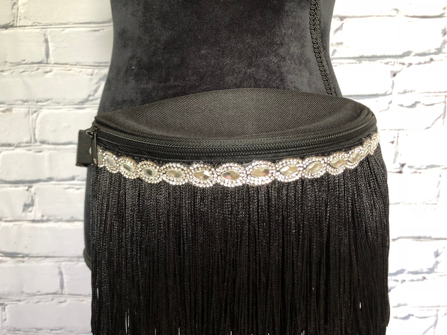 Black Rhinestone and Fringe Fanny Pack - Rave Fanny Pack, Festival Fanny Pack, Rave Bag, EDC Bag, EDC Accessory, Day Fanny Pack,