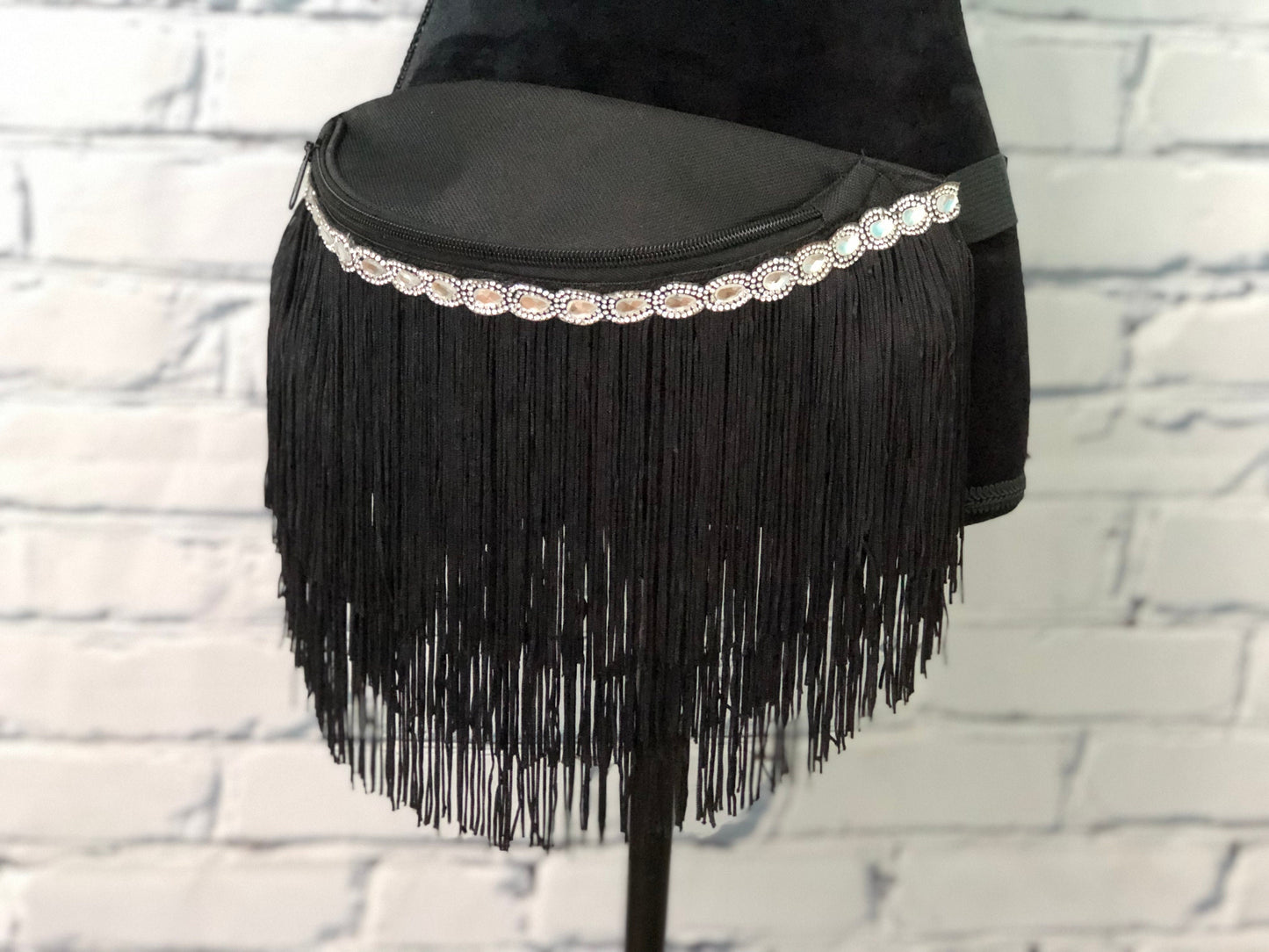 Black Rhinestone and Fringe Fanny Pack - Rave Fanny Pack, Festival Fanny Pack, Rave Bag, EDC Bag, EDC Accessory, Day Fanny Pack,